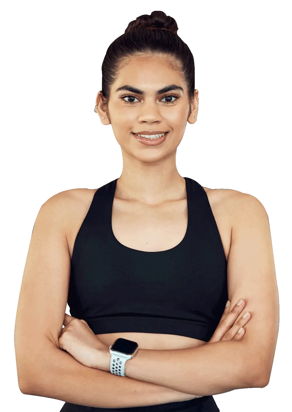 uśmiechnięta kobieta zachęca do kontaktu z klubem