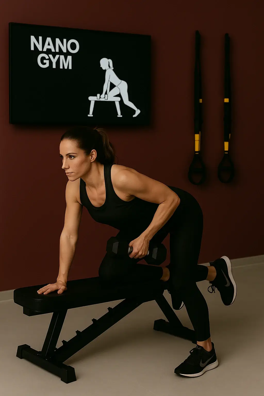 kobieta wykonuje ćwieczenie w sali Nano Gym, Wiosłowanie hantlą w klęku podpartym na ławeczce Dumbbell row – knee supported